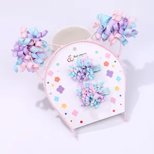 Sweet pink floral ribbon headband and hair clip set for girls on display card