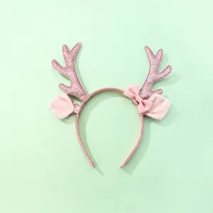 Diadema de astas de reno con lentejuelas rosas, orejas de felpa y lazo festivo