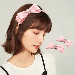 Pink ribbon bow headband and hair clips set with large pearls and rhinestones