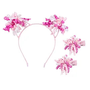 Sweet pink floral korker ribbon headband and hair clip set for girls' styling