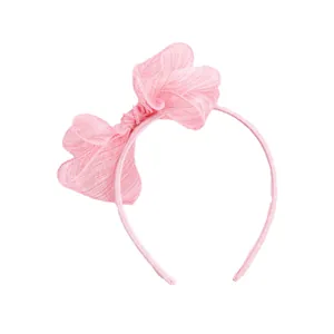 Sweet pink organza bow headband for girls with a sparkling non-slip glitter finish