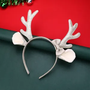 Diadema de cuernos de reno de Navidad con lentejuelas doradas y orejas de felpa para fiesta