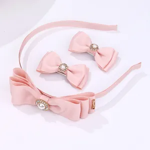 Pink ribbon bow headband and clip set with pearls and rhinestones for girls