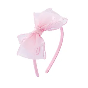 Serre-tête rose pour filles avec grand nœud en mesh double couche et bordure perlée