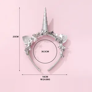 Detailed size specifications of silver unicorn headband with shiny stars for kids