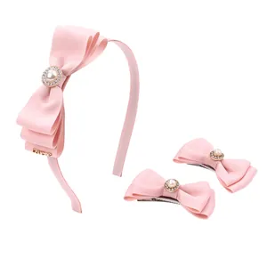 Pink handmade bow hairband and clip set with pearls, rhinestones and gold Love charm