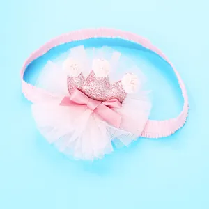 Baby haarband met roze pailletten kroon en zachte tule bloemen op elastiek