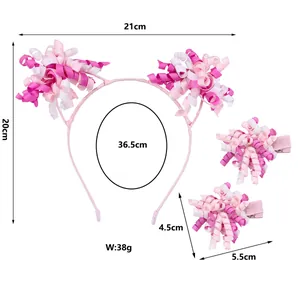 Size specifications for pink flower headband and hair clips set with detailed dimensions