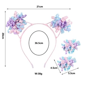 Pink ribbon flower headband and hair clips set with detailed size and weight measurements