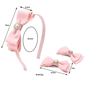 Pink ribbon bow hair accessory set with pearls and rhinestones showing dimensions