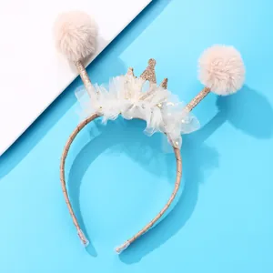 Cerchietto per bambini con corona glitterata oro, tulle bianco e pompon rosa soffici