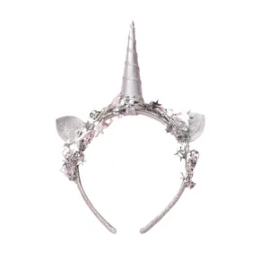 Silver unicorn headband with star sequins and glitter ears for kids party and Christmas