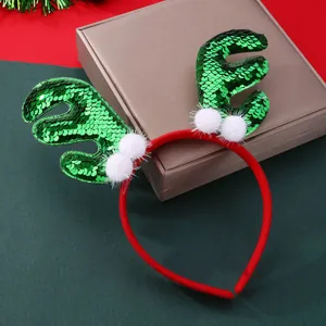 Weihnachten Rentier Geweih Stirnband Mit Grünen Pailletten Und Weißen Pelzbällen Rotes Stoff Haarband Festlicher Kopfschmuck Für Damen Herren