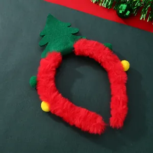 Christmas tree plush headband with red faux fur and colorful pompom decorations