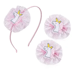 Set aus rosa Einhorn-Tüll-Haarbändern und Haarspangen mit Stickerei für Mädchen