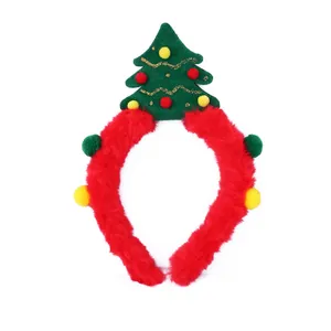 Christmas tree headband with red plush band and green felt ornaments for parties