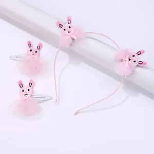 Pink Cartoon Embroidered Rabbit Bow Headband And Hair Clips Set For Girls Kids Sweet Princess Mesh Tulle Hair Accessories