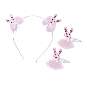 Pink embroidery bunny children hairband and clip set with delicate mesh tutu detail