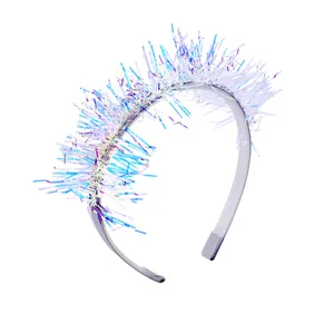 Iridescent fringe party headband with colorful tassels for festive holiday celebrations