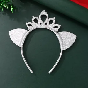 Detail of silver glitter cat ear headband with hollow crown design for party wear