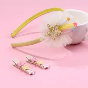 Ensemble Accessoires Cheveux Enfants Fleur en Maille Paillettes Étoile Serre-tête Pinces Pour Filles Douce Princesse Fête