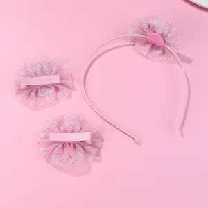 Rosa Tüll-Blumen-Haarband und Haarspangen-Set mit Silberglitzer für Mädchen