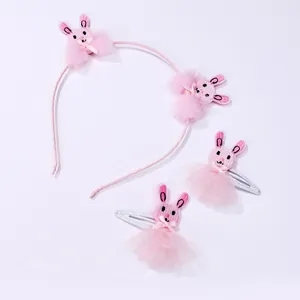 Pink cartoon rabbit embroidery hair band and clip set with tulle details for kids