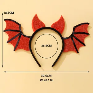 Detailed dimensions of Halloween devil horn and bat wing headband in red and black