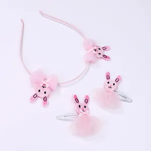 Pink cartoon rabbit embroidery headband and hair clips set with mesh and bows for girls