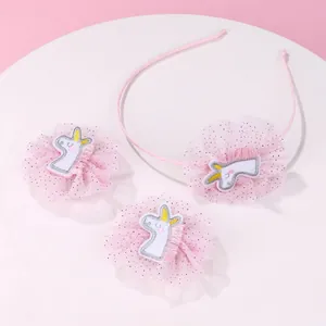Haarschmuck-Set für Mädchen mit rosa Einhorn, Haarreif aus Netzstoff und glitzernden Clips