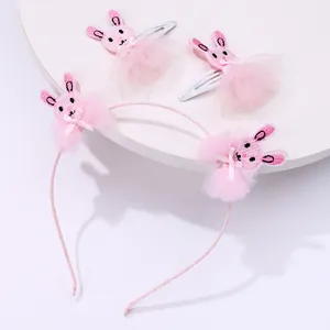 Pink ballet bunny headbands and clips set with embroidery and mesh for girls