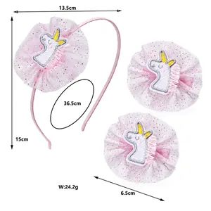 Rosa Tüll-Einhorn-Haarband und Haarspangen-Set mit detaillierten Maßen und Gewichtsangaben