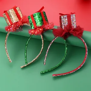 Christmas Kids Headband With 3D Sequin Gift Box Red Satin Bow Mesh Ruffles Festive Party Hair Accessories For Girls