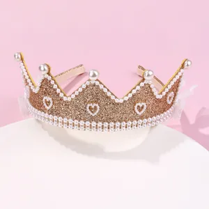 Glinsterende gouden kroon hoofdband voor meisjes met witte parels en kant voor feesten