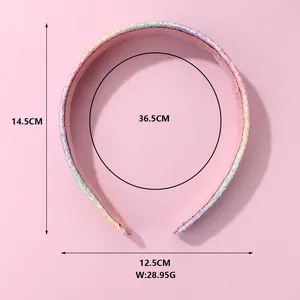 Rainbow glitter headband size chart showing 14.5cm height and 12.5cm width dimensions