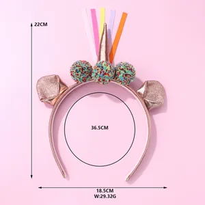 Unicorn party headband dimensions detail showing 22cm height and rainbow plush balls