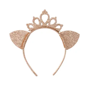 Glittering champagne gold crown headband with cute ears for girls' festive parties