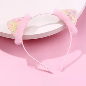 Cerchietto Rosa Con Orecchie da Gatto Bordo in Pizzo e Paillettes a Stella Colorate Accessori per Capelli Bambini Donna