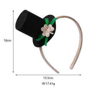 Detailed dimensions of St. Patrick's Day headband with black top hat and green clover