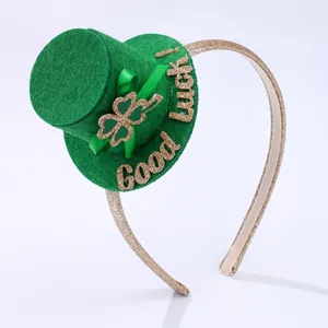 Serre-tête Mini Haut-de-forme Vert Saint-Patrick Avec Trèfle Pailleté Or Inscription Good Luck Accessoires Cheveux Fête