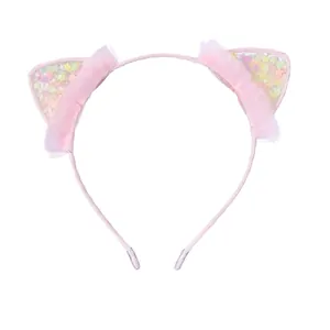 Cerchietto orecchie da gatto rosa con paillettes a stella e pizzo per bambine