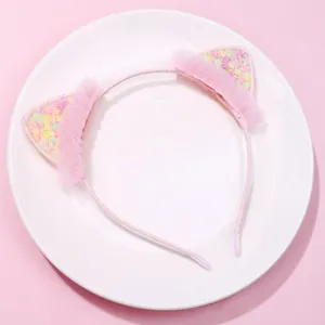 Cerchietto orecchie da gatto rosa per bambine con pizzo e paillettes a stella colorate