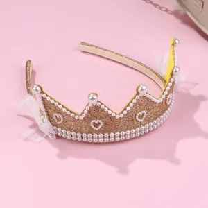 Gouden glitter kroon hoofdband met parels en kant voor meisjes feestelijke outfit