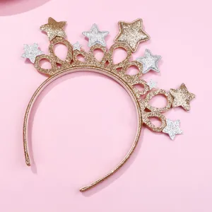 Cerchietto a corona glitterato oro con stelle argentate per feste e bambine eleganti