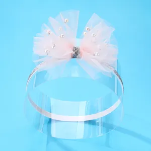 Pink tulle bow headband with pearls and silver glitter details for kids girls