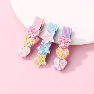 Cute Sequin Heart Star Hair Clips For Girls Handmade Sweet Grosgrain Ribbon Wrapped Duckbill Clips Hair Accessories