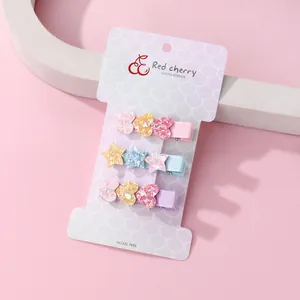 Three-piece glitter heart and star hair clips for girls on macaron ribbon alligator clips