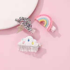 Lot de 3 Barrettes Cheveux Douces à Paillettes Arc-en-ciel Nuage Éclair Pinces Bec de Canard en Tissu Pailleté Fait Main pour Enfants Filles Accessoires Cheveux