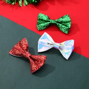 Lot de 3 pinces à cheveux de Noël avec nœuds à paillettes rouges et vertes laser