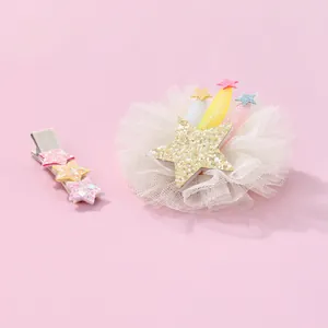 Sweet pink star hair clips set with mesh flower and sequins for girls